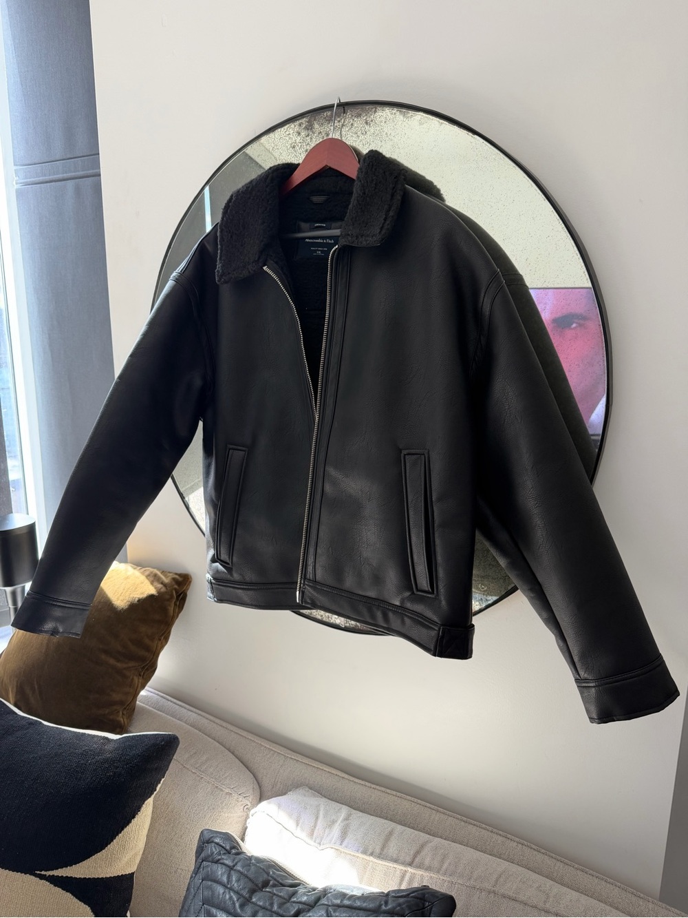 Abercrombie & Fitch Black Sherpa-Lined Vegan Leather Jacket